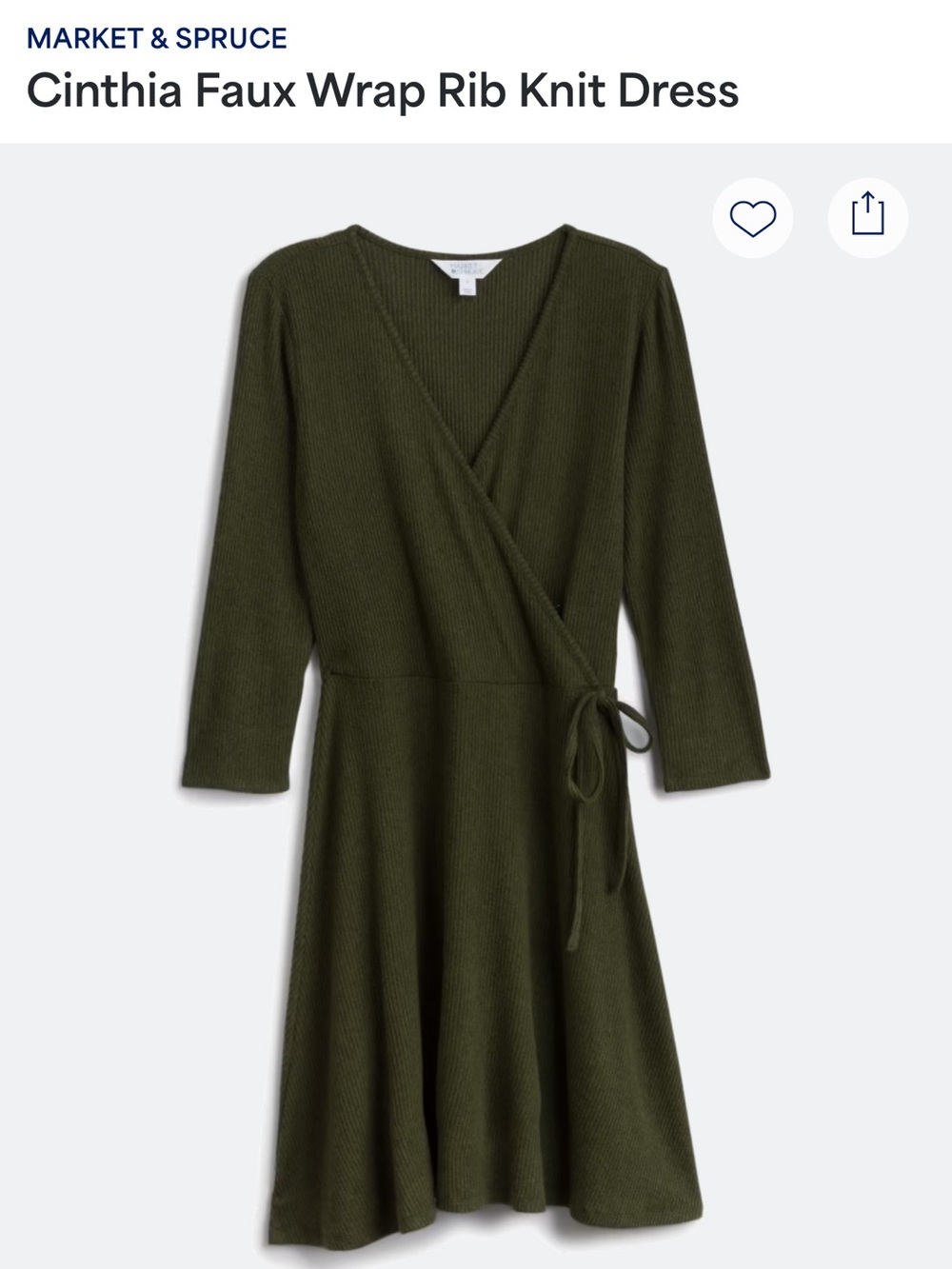 Market & Spruce Olive Faux Wrap Rib-Knit Long Sleeve Dress
